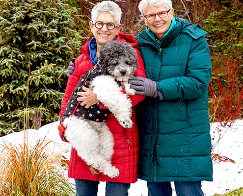 Cumberland Crossing residents Lea Hopkinson, Peg Adams and dog Buddha